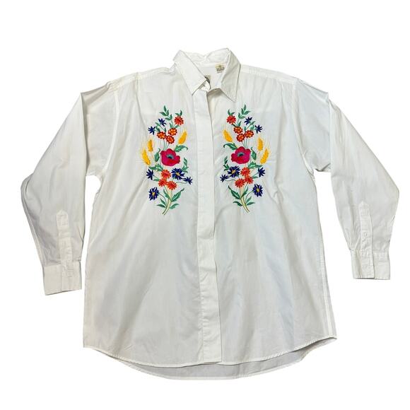 VTG Saks Fifth Avenue Longline Embroidered Button Up Gardencore Blouse 6 - Picture 2 of 7